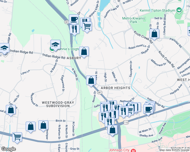 map of restaurants, bars, coffee shops, grocery stores, and more near 1108 Lark Street in Johnson City