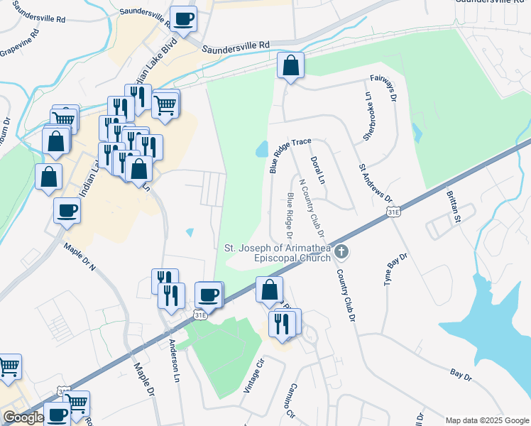 map of restaurants, bars, coffee shops, grocery stores, and more near 70 Blue Ridge Trace in Hendersonville
