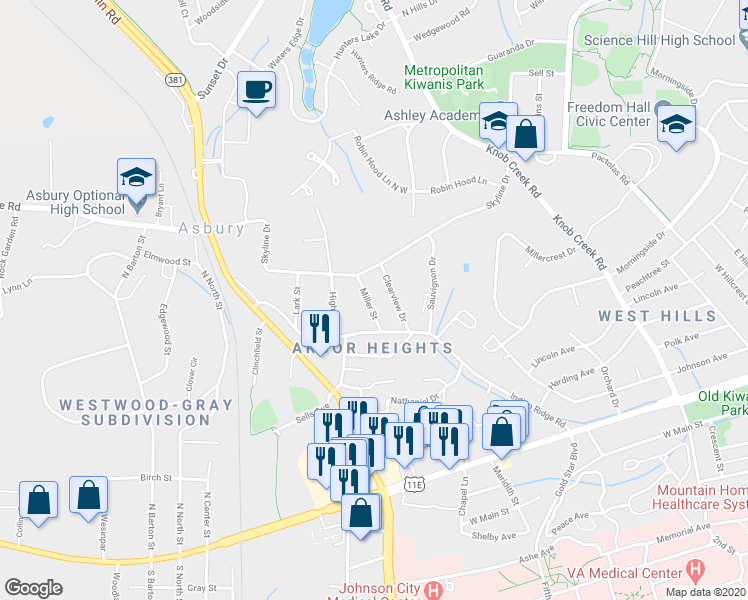 map of restaurants, bars, coffee shops, grocery stores, and more near 1108 Miller Street in Johnson City