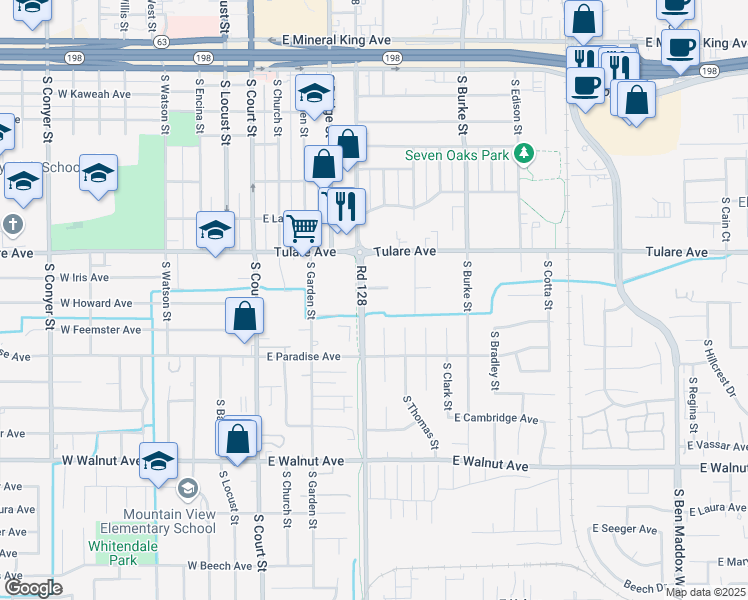 map of restaurants, bars, coffee shops, grocery stores, and more near 1342 South Santa Fe Street in Visalia