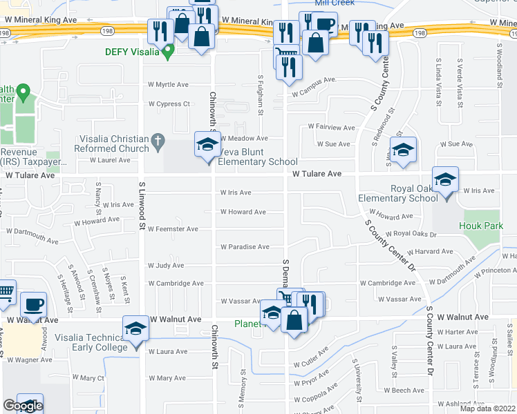 map of restaurants, bars, coffee shops, grocery stores, and more near 3826 West Howard Avenue in Visalia