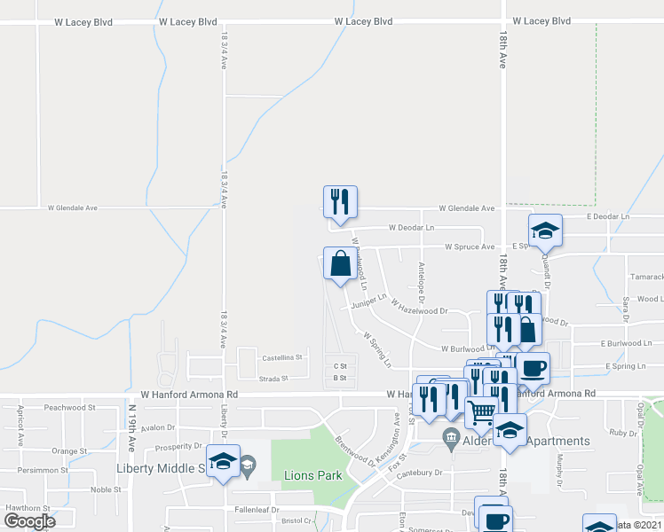 map of restaurants, bars, coffee shops, grocery stores, and more near 455 West Spring Lane in Lemoore