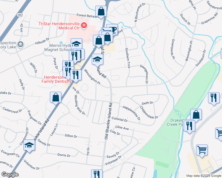 map of restaurants, bars, coffee shops, grocery stores, and more near 320 Old Shackle Island Road in Hendersonville