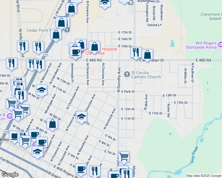 map of restaurants, bars, coffee shops, grocery stores, and more near 309 East 12th Place in Claremore