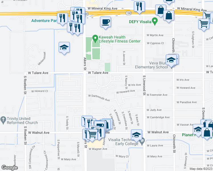 map of restaurants, bars, coffee shops, grocery stores, and more near 4901 West Crenshaw Drive in Visalia