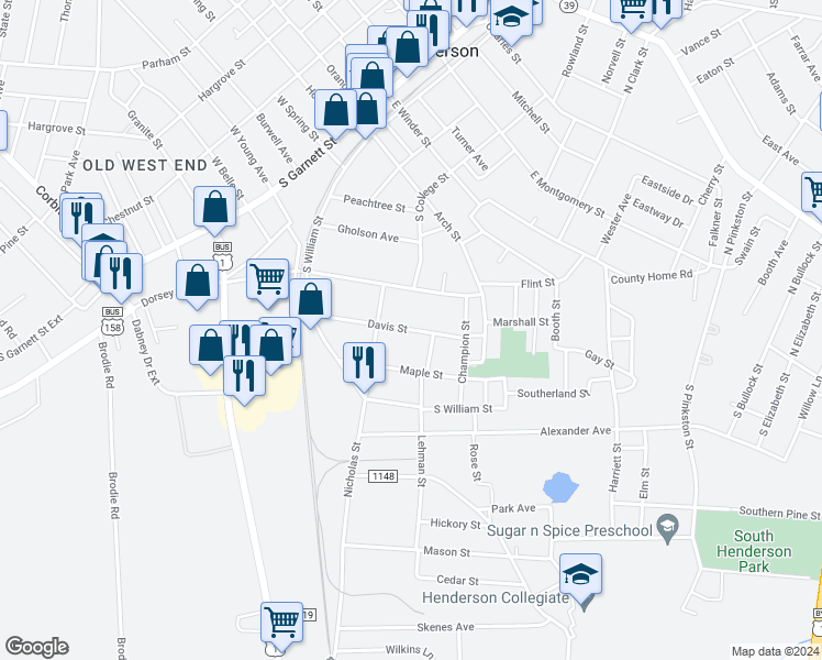 map of restaurants, bars, coffee shops, grocery stores, and more near 360 Davis Street in Henderson