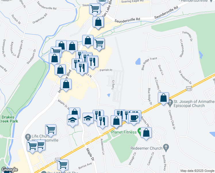 map of restaurants, bars, coffee shops, grocery stores, and more near 1040-1134 Callender Lane in Hendersonville