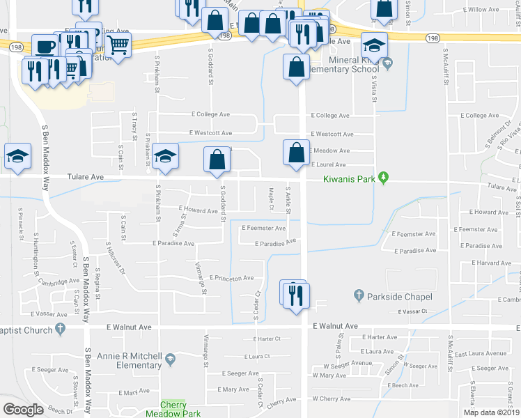 map of restaurants, bars, coffee shops, grocery stores, and more near 1332 South Cedar Court in Visalia