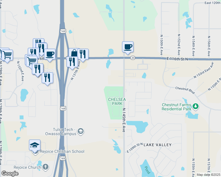 map of restaurants, bars, coffee shops, grocery stores, and more near 14307 East 113th Street North in Owasso