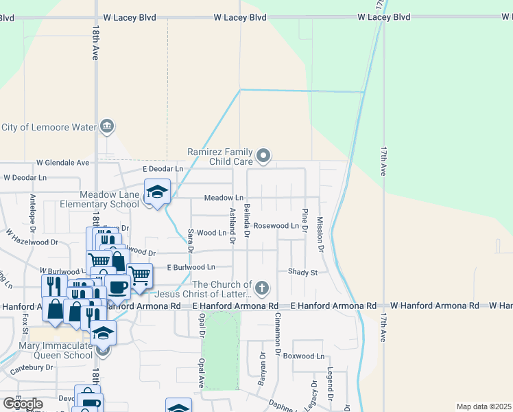 map of restaurants, bars, coffee shops, grocery stores, and more near 1321 Palm Court in Lemoore