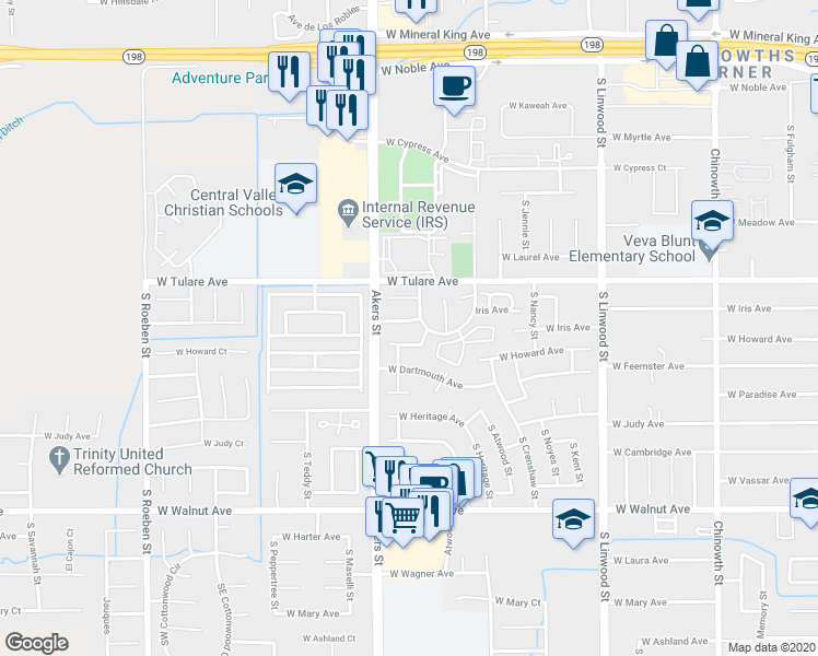 map of restaurants, bars, coffee shops, grocery stores, and more near 5137 West Westgate Avenue in Visalia