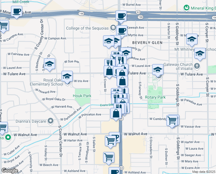 map of restaurants, bars, coffee shops, grocery stores, and more near 1404 South Crowe Street in Visalia
