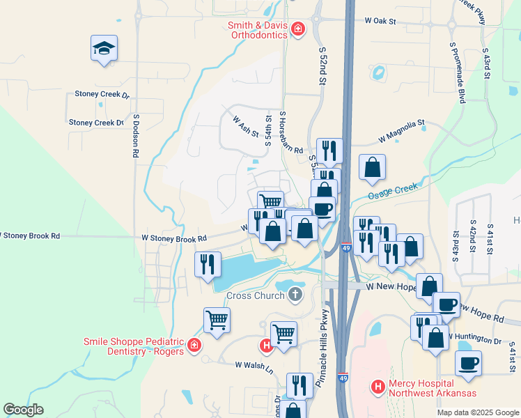 map of restaurants, bars, coffee shops, grocery stores, and more near 5158 West Stone Manor in Rogers