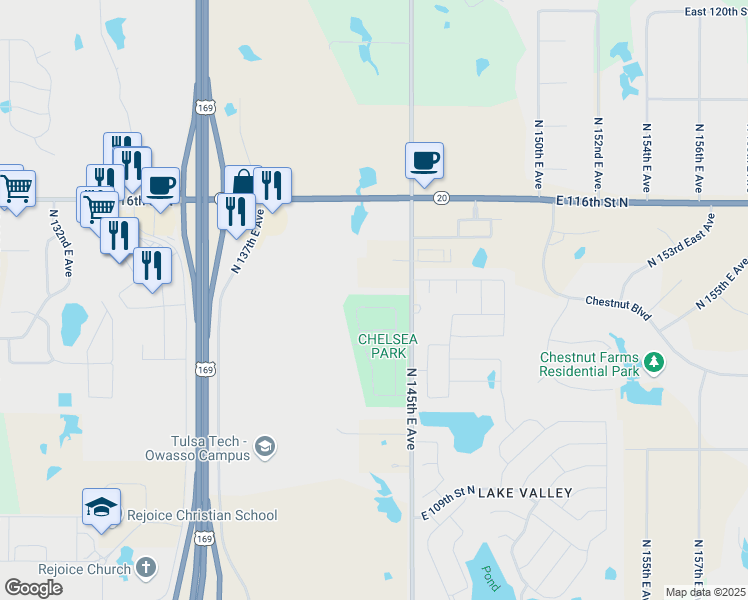 map of restaurants, bars, coffee shops, grocery stores, and more near 14306 East 113th Street North in Owasso