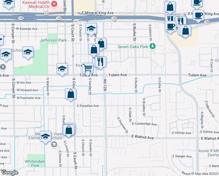 map of restaurants, bars, coffee shops, grocery stores, and more near 1334 South Santa Fe Street in Visalia
