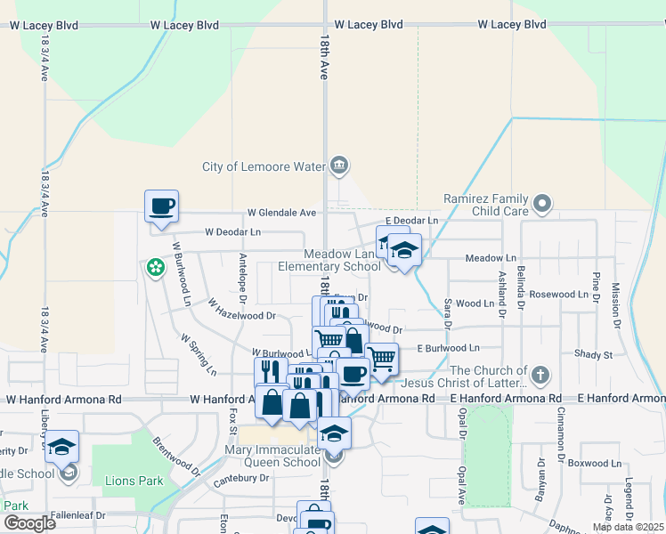 map of restaurants, bars, coffee shops, grocery stores, and more near 1874 18th Avenue in Lemoore