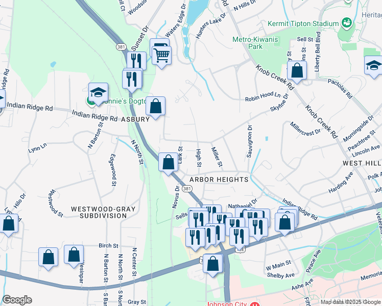 map of restaurants, bars, coffee shops, grocery stores, and more near 1108 High Street in Johnson City