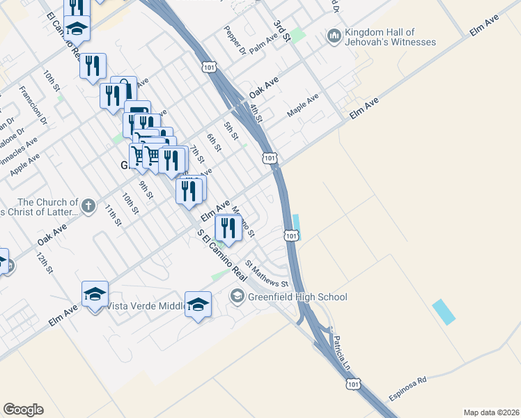 map of restaurants, bars, coffee shops, grocery stores, and more near 37 Huerta Avenue in Greenfield