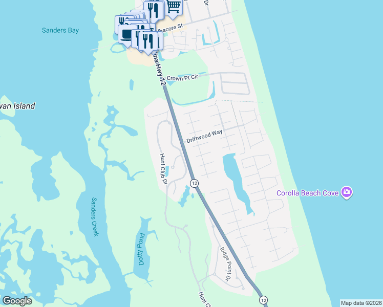 map of restaurants, bars, coffee shops, grocery stores, and more near 627 Ocean Trail in Corolla