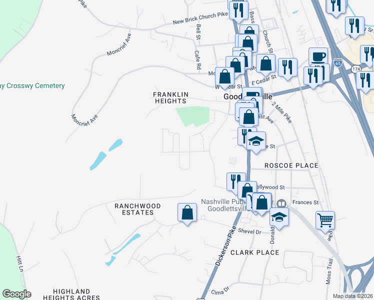 map of restaurants, bars, coffee shops, grocery stores, and more near 230 South Downs Circle in Goodlettsville