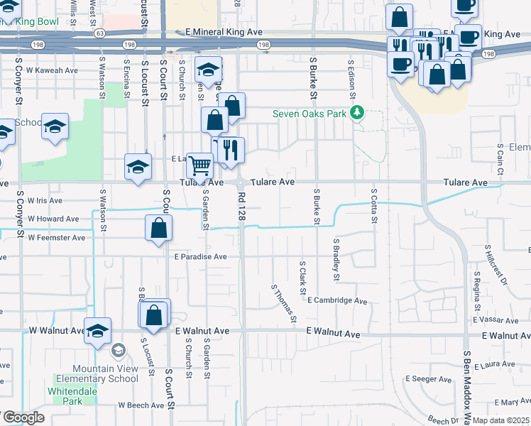 map of restaurants, bars, coffee shops, grocery stores, and more near 1345 South Liberty Street in Visalia