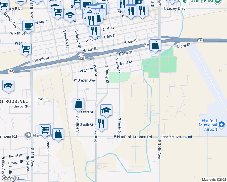 map of restaurants, bars, coffee shops, grocery stores, and more near 700 South Harris Street in Hanford