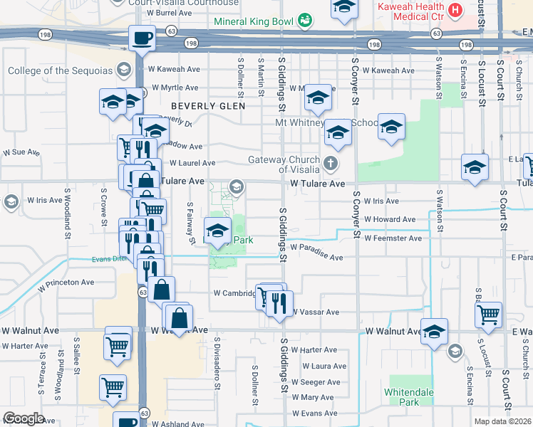 map of restaurants, bars, coffee shops, grocery stores, and more near 1346 West Howard Avenue in Visalia
