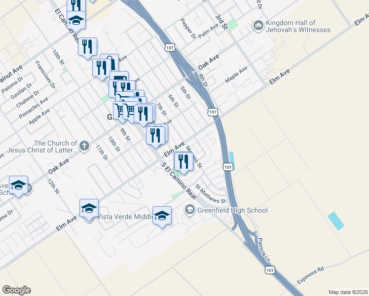 map of restaurants, bars, coffee shops, grocery stores, and more near 106 Saint Charles Place in Greenfield