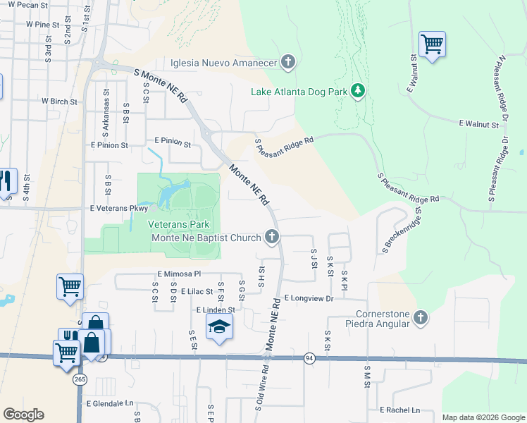 map of restaurants, bars, coffee shops, grocery stores, and more near 1540 South Monte Northeast Road in Rogers