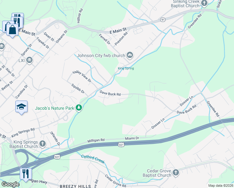 map of restaurants, bars, coffee shops, grocery stores, and more near 1723 Dave Buck Road in Johnson City