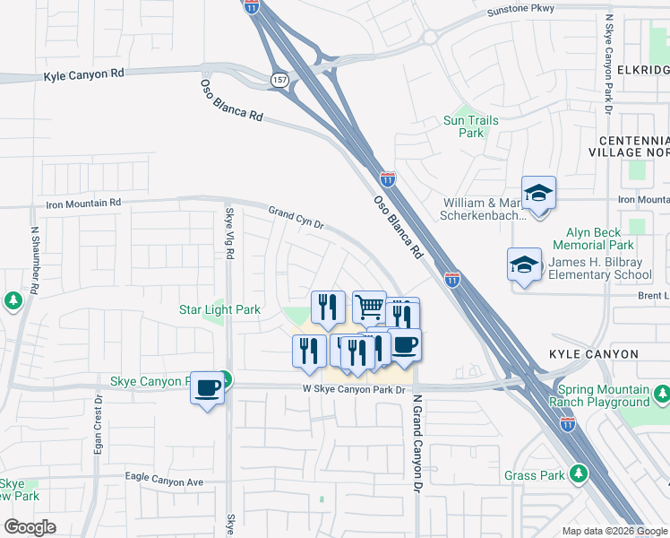 map of restaurants, bars, coffee shops, grocery stores, and more near 8879 Roadrunner Ravine Street in Las Vegas