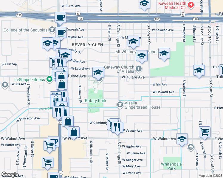 map of restaurants, bars, coffee shops, grocery stores, and more near 1346 West Howard Avenue in Visalia
