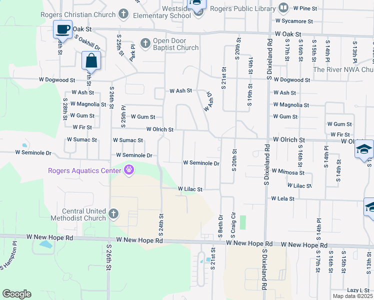 map of restaurants, bars, coffee shops, grocery stores, and more near 1704 South 22nd Street in Rogers