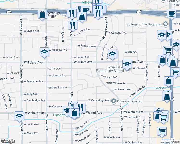 map of restaurants, bars, coffee shops, grocery stores, and more near 3322 West Howard Avenue in Visalia