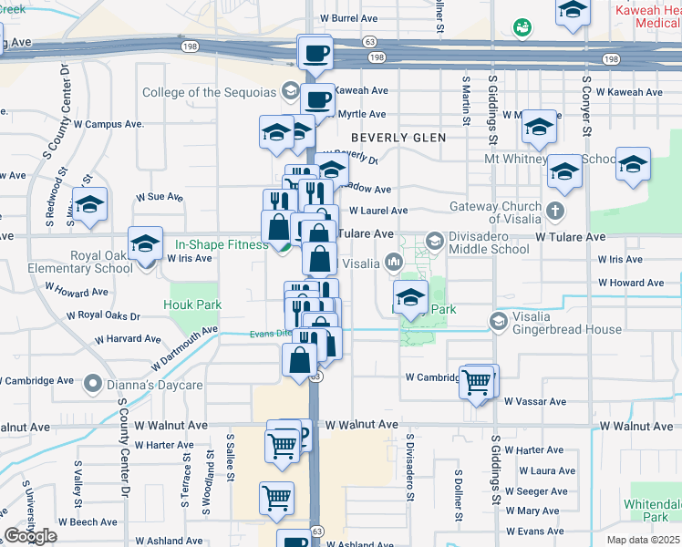map of restaurants, bars, coffee shops, grocery stores, and more near 1430 South Mooney Boulevard in Visalia