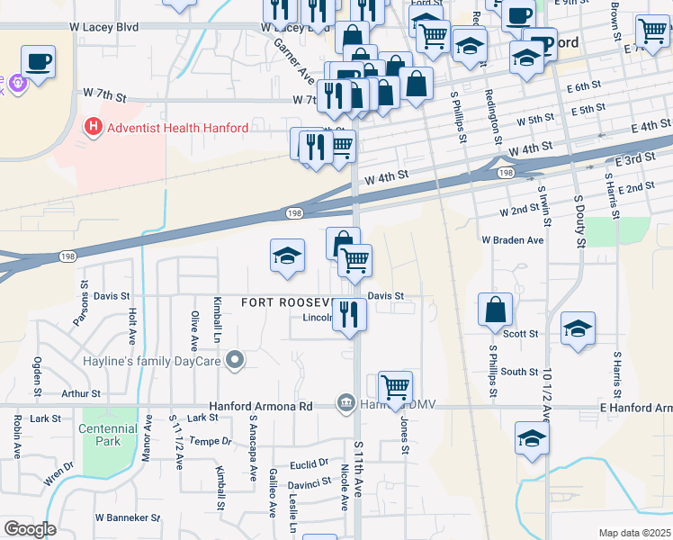 map of restaurants, bars, coffee shops, grocery stores, and more near 590 South Richmond Avenue in Hanford