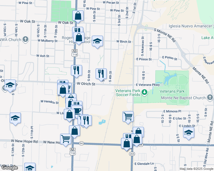 map of restaurants, bars, coffee shops, grocery stores, and more near 400 West Olrich Street in Rogers
