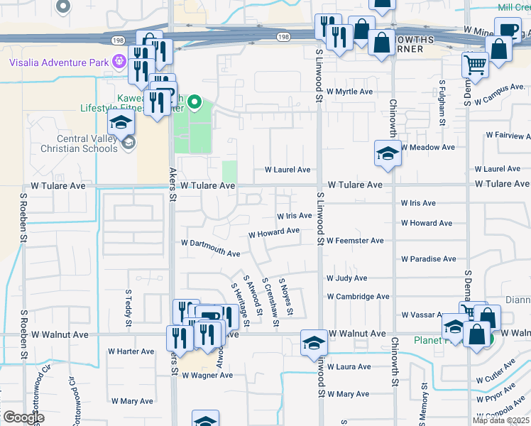 map of restaurants, bars, coffee shops, grocery stores, and more near 4704 West Iris Court in Visalia