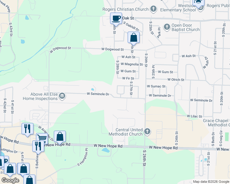 map of restaurants, bars, coffee shops, grocery stores, and more near 2716 West Seminole Drive in Rogers
