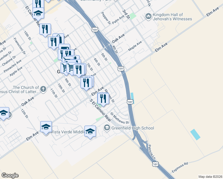map of restaurants, bars, coffee shops, grocery stores, and more near 11 Huerta Avenue in Greenfield