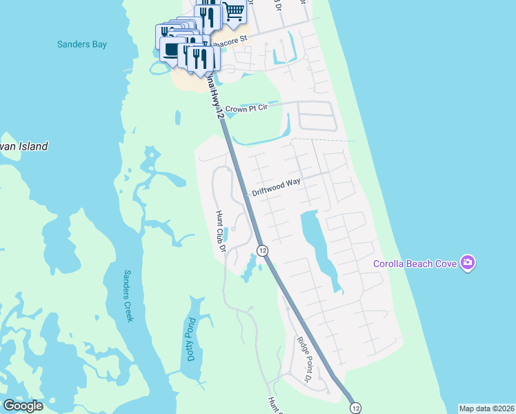 map of restaurants, bars, coffee shops, grocery stores, and more near Driftwood Way in Corolla