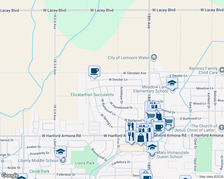 map of restaurants, bars, coffee shops, grocery stores, and more near 264 West Spruce Avenue in Lemoore