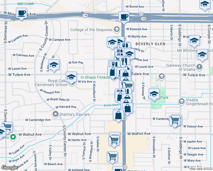 map of restaurants, bars, coffee shops, grocery stores, and more near 1239 South Crowe Street in Visalia