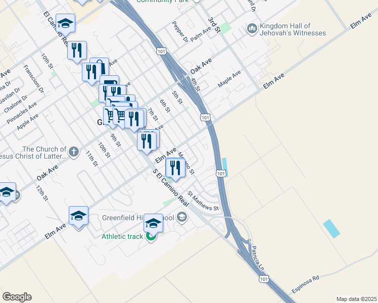 map of restaurants, bars, coffee shops, grocery stores, and more near 637 Elm Avenue in Greenfield