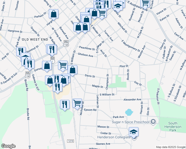 map of restaurants, bars, coffee shops, grocery stores, and more near 315 Davis Street in Henderson
