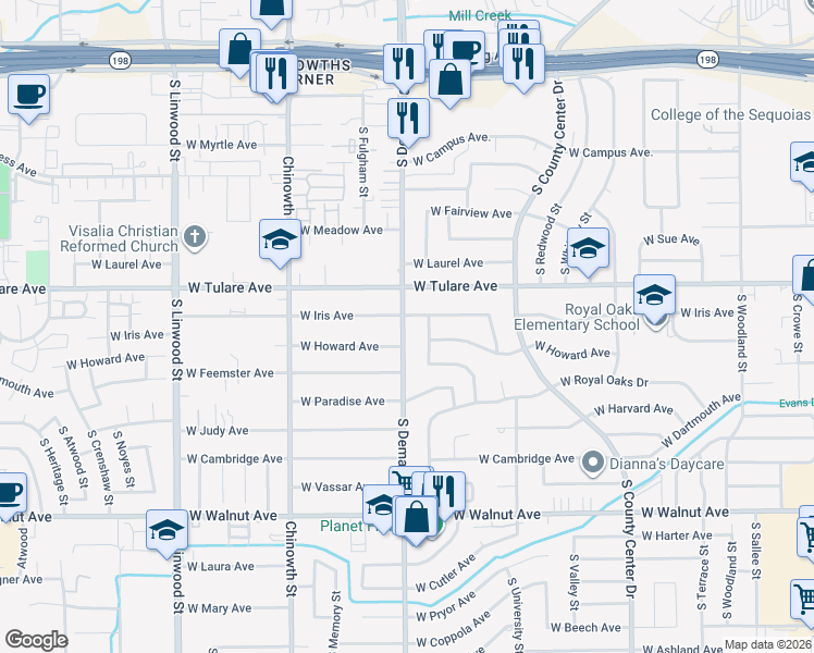 map of restaurants, bars, coffee shops, grocery stores, and more near 3606 West Iris Avenue in Visalia