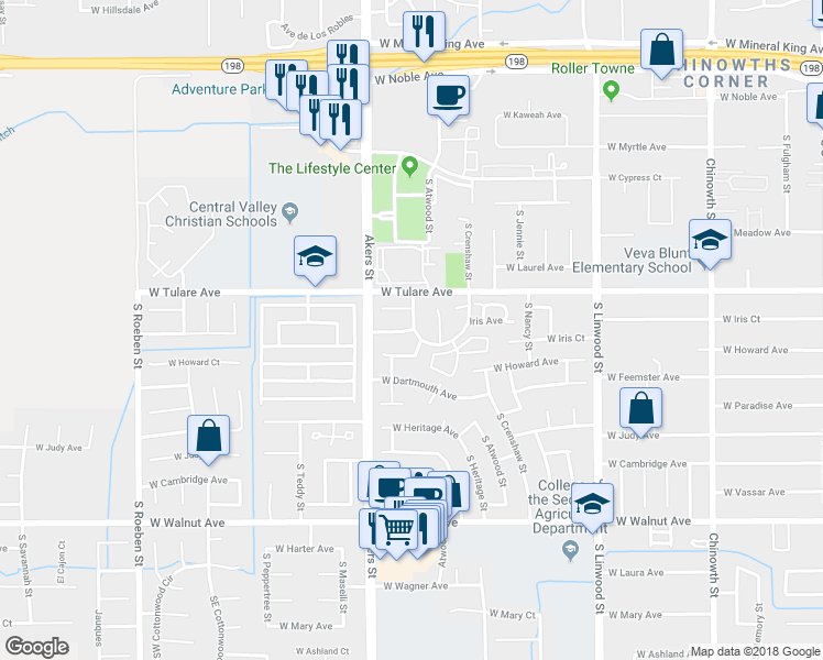 map of restaurants, bars, coffee shops, grocery stores, and more near 4926 West Westgate Avenue in Visalia