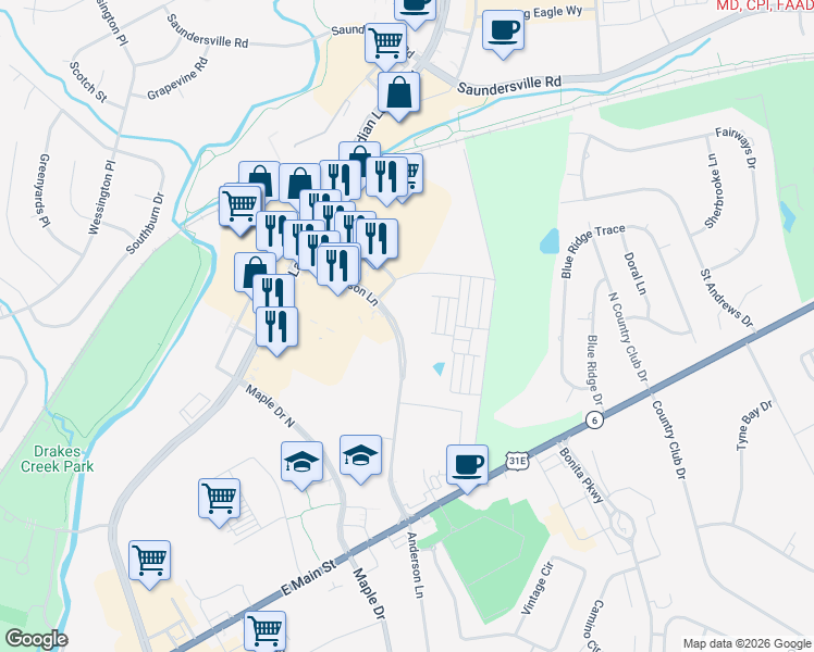 map of restaurants, bars, coffee shops, grocery stores, and more near 200 Anderson Lane North in Hendersonville