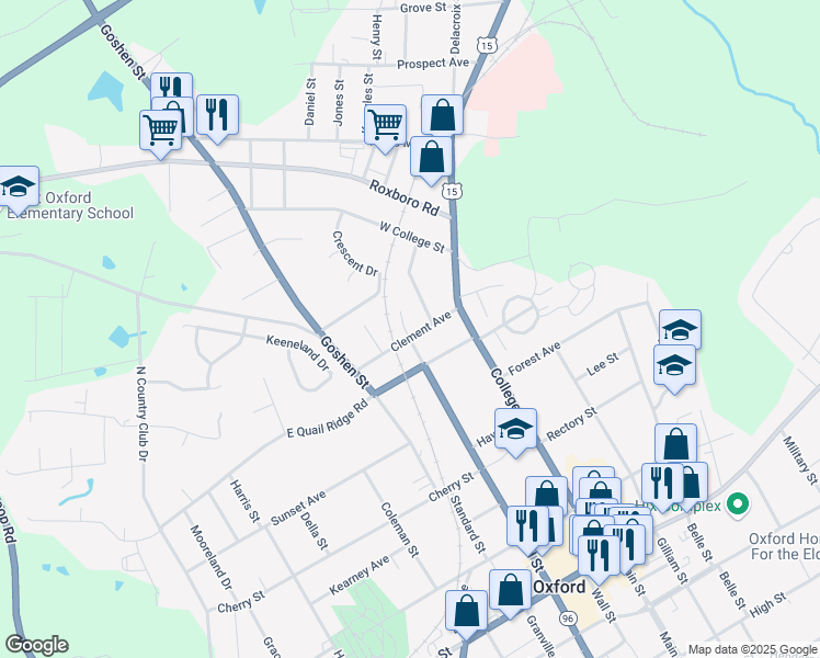 map of restaurants, bars, coffee shops, grocery stores, and more near 124 Clement Avenue in Oxford