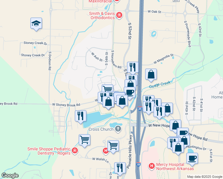 map of restaurants, bars, coffee shops, grocery stores, and more near 5100 Sandhurst in Rogers
